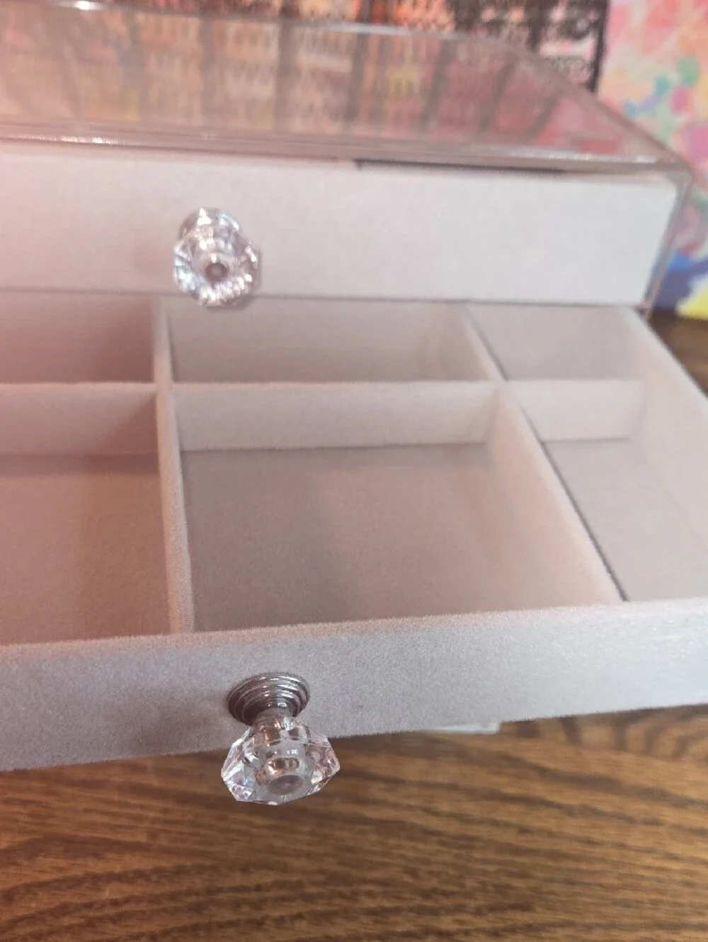 Velvet Jewelry Drawer Organizer in Light Gray with Crystal Pulls